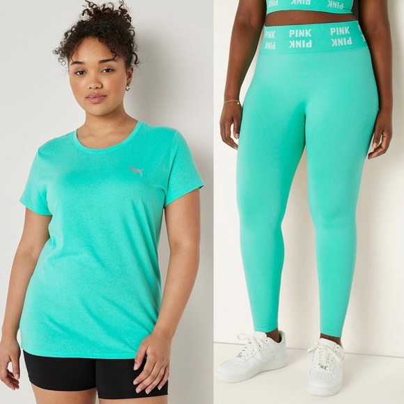 VS Pink 3-Piece SET Teal Ice Shine Perfect Tee With Seamless Leggings & Bra - Picture 3 of 16